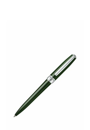 Ciemnozielony długopis kulkowy ze srebrnym klipsem i ozdobnym srebrnym pierścieniem przy nasadzie skuwki.