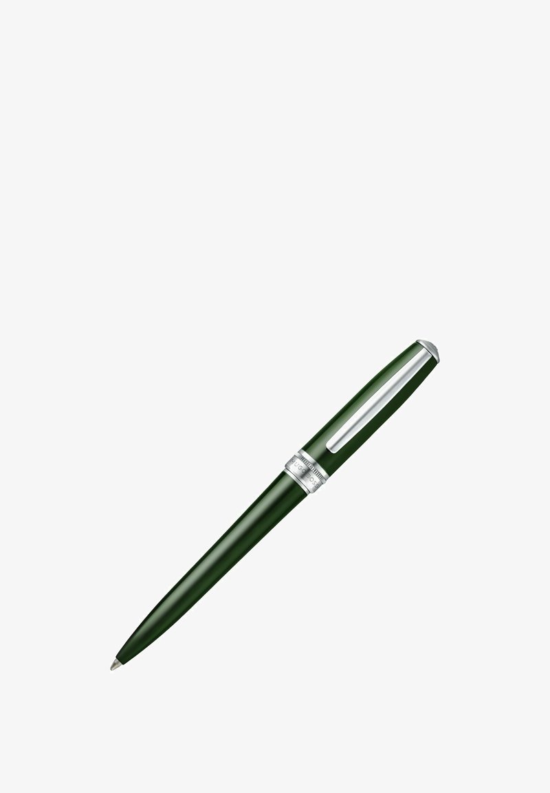 Stylo à bille vert foncé avec clip argenté et anneau décoratif en argent près du capuchon.