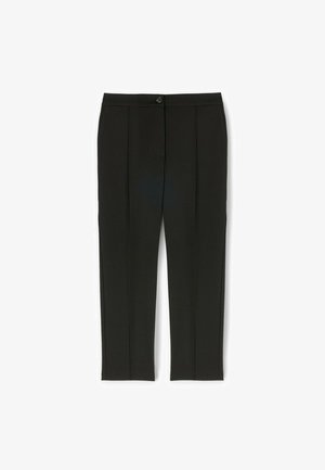 Černé kalhoty na míru s hladkým povrchem, s jedním knoflíkem, dvěma předními sklady a zúženými nohavicemi.