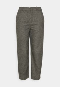 Grijze op maat gemaakte broek van gestructureerde stof, met een recht model, riemlussen en een schone tailleband zonder zichtbare sluitingen.