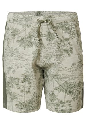 Beige afslappede shorts med grønt tropisk palmetræsmønster og grønne sidepaneler, med snøre i taljen og forlommer.