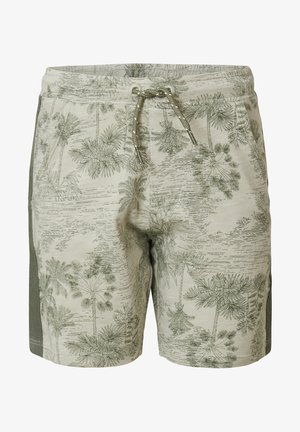 Beige afslappede shorts med grønt tropisk palmetræsmønster og grønne sidepaneler, med snøre i taljen og forlommer.