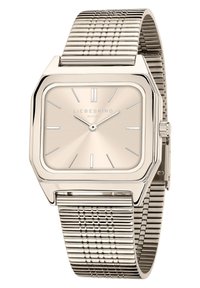 Zilveren vierkante horloge met een gladde, lichtgouden wijzerplaat, minimalistische uurmarkeringen en een gestructureerde metalen meshband. Merkwaarde "LIEBESKIND" weergegeven.