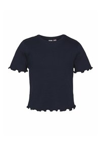T-shirt a maniche corte di colore blu navy con orli ondulati, scollo rotondo e orlo cropped. Tessuto morbido e design casual.