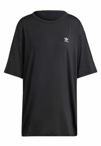 T-shirt nera, oversize, realizzata in tessuto morbido. Presenta un collo rotondo e maniche corte, con un piccolo logo bianco Adidas sul petto.