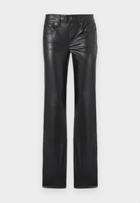 Pantalon en cuir noir à coupe droite, avec braguette zippée, fermeture par bouton et cinq poches. Texture lisse, détails minimalistes.