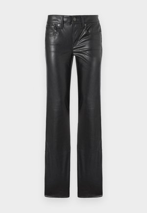 Pantalon en cuir noir à coupe droite, avec braguette zippée, fermeture par bouton et cinq poches. Texture lisse, détails minimalistes.