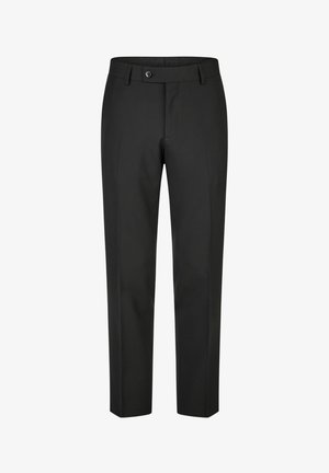 Schwarze, maßgeschneiderte Anzughose mit Gürtelschlaufen, vorderer Knopfleiste und Reißverschluss, in schlanker, gerader Passform.
