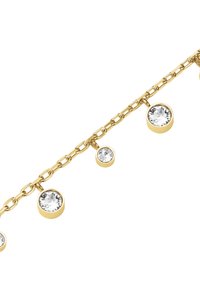 Bracciale in oro con gemme trasparenti di forma rotonda e dimensioni variabili incastonate in montature metalliche circolari, con una finitura liscia e lucida.