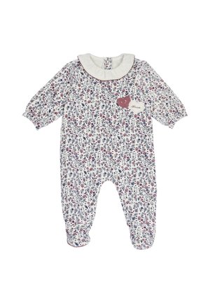 Grenouillère blanche pour bébé à manches longues, imprimé floral et lapin, col à volants et deux patches en forme de cœur sur la poitrine.