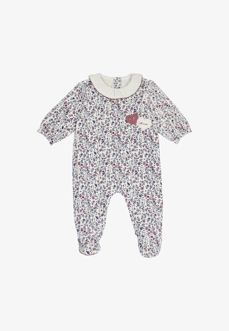 Grenouillère blanche pour bébé à manches longues, imprimé floral et lapin, col à volants et deux patches en forme de cœur sur la poitrine.