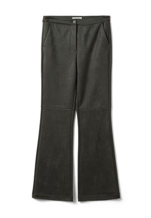 Dark gray flared pants with front button and zip closure, side pockets, and seam detail above the knees.