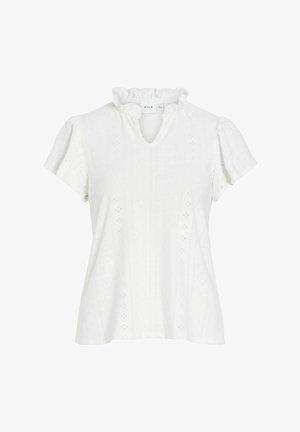 Blouse blanche à manches courtes avec col volanté, motif subtil en œillets verticaux et petite ouverture en V à l'avant.