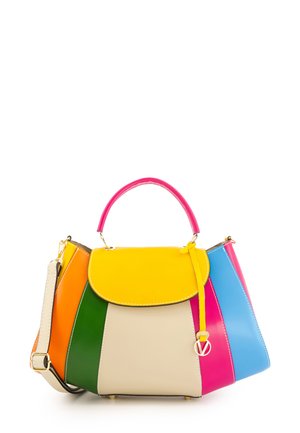 Multicolored handbag made of smooth leather with a yellow flap, featuring orange, green, pink, blue, and beige panels, and detachable strap.