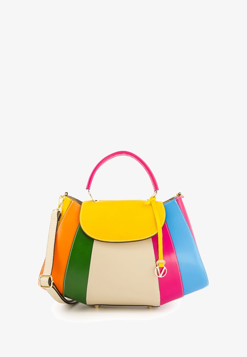Mehrfarbige Handtasche aus glattem Leder mit einem gelben Umschlag, ausgestattet mit orange, grün, pink, blau und beige Panels sowie einem abnehmbaren Trageriemen.