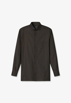 Langarm-Hemd in dunkelbraunem Stoff mit einem dezenten geometrischen Muster, klassischem Kragen und Brusttasche mit braunen Knöpfen.