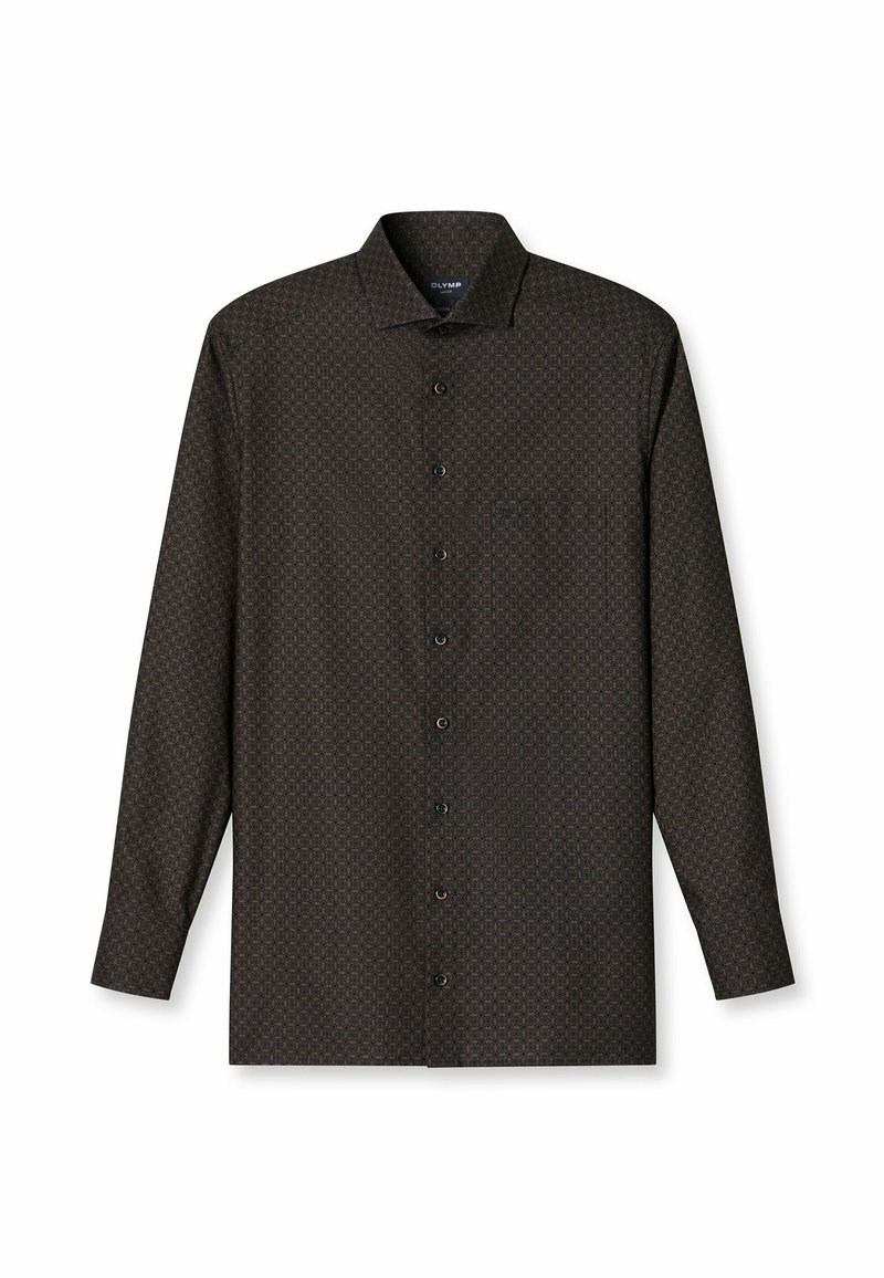 Langarm-Hemd in dunkelbraunem Stoff mit einem dezenten geometrischen Muster, klassischem Kragen und Brusttasche mit braunen Knöpfen.