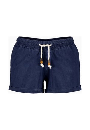 Donkerblauwe casual korte broek met elastische tailleband, witte trekkoord met houten kralen en opgerolde zoom.