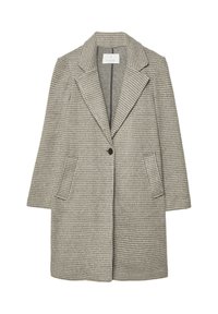 Karirali sivi in črni blazer plašč, ki ima zarezan ovratnik, zapiranje na en gumb in dve stranski ž epki. Teksturovan material s klasičnim krojem.