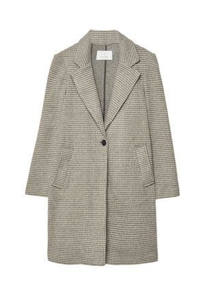 Šedý a černý kostkovaný blazer kabát s klopovým límcem, jedním knoflíkovým zapínáním a dvěma bočními kapsami. Texturovaná tkanina s klasickým střihem.