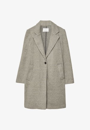 Károvaný blejzer v sivej a čiernej farbe, s klopovým golierom, uzatváraním na jeden gombík a dvoma bočnými vreckami. Štruktúrovaná tkanina s klasickým strihom.