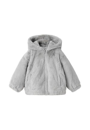 Veste à capuche en peluche gris clair avec manches longues et fermeture éclair frontale, conçue pour la chaleur et le confort.