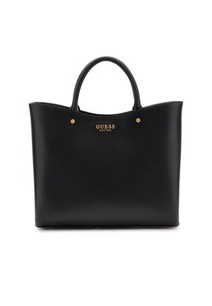 Zwarte leren Guess-handtas met twee handvatten en gouden logotekst met de tekst ""GUESS EST 1981"" middenvoor.