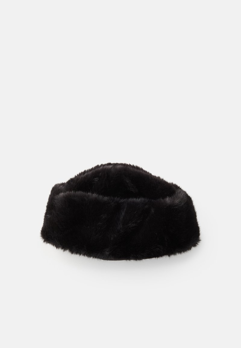 Schwarzes Kunstpelz-Haarband mit einer sanften, strukturierten Oberfläche. Breites, abgerundetes Design bietet Wärme und Komfort und verfügt über eine glatte Innenauskleidung.