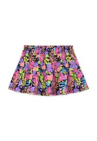 Gonna floreale con sfondo nero, caratterizzata da vivaci motivi rosa, viola, verde e arancione, e una vita elasticizzata arricciata.