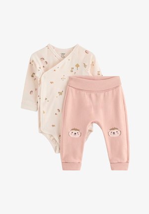 Light pink baby bodysuit with woodland animal print and matching pink pants featuring hedgehog faces on the knees.