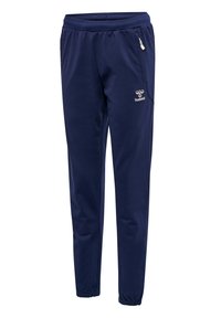 Marineblauwe joggingbroek van zachte stof, met een elastische tailleband, twee zijzakken en een klein logo op de linker bovenbeen.