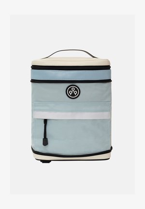 Sac isotherme souple en bleu clair et crème, doté d'une poignée supérieure, d'une fermeture éclair à accent noir, d'une poche avant et d'un patch rond avec logo.