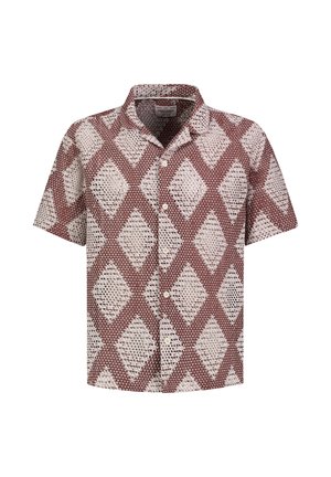 Kurzärmeliges Hemd mit Knopfleiste, braun-weißem Rautenmuster und einer strukturierten gewebten Stoff.