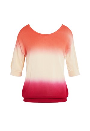 Maglione a maniche corte con un motivo di colore sfumato che passa dal pesco alla crema, per poi sfumare in un rosa scuro all'orlo. Tessuto morbido e leggero.