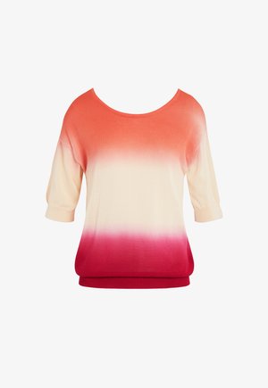 Sweter krótko rękawowy z gradientowym wzorem kolorystycznym przechodzącym od brzoskwiniowego do kremowego, z ciemnoróżowym wykończeniem u dołu. Miękka, lekka tkanina.