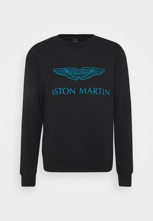 Zwarte sweatshirt met een ronde hals, voorzien van een opvallend turquoise Aston Martin-logo en vleugelontwerp aan de voorkant. Zachte stofstructuur.