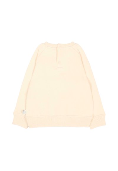 Maglione a manica lunga color crema con polsini e bordo a costine, con un inserto con bottoni sul retro della scollatura tonda.
