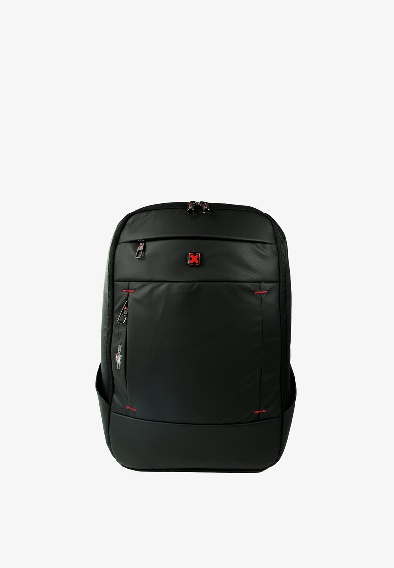 Black backpack made of textured material, featuring red zippers and accents. It has adjustable shoulder straps and multiple zippered compartments.
