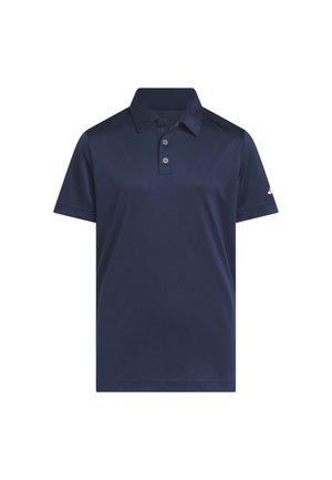 Polo de manga corta azul marino con cuello y tapeta de tres botones, con un pequeño logo en la manga izquierda.