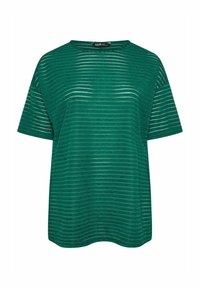 Grön kortärmad topp med horisontella ränder, rund halsringning ochlös passform. Tillverkad av textil, lätt material.