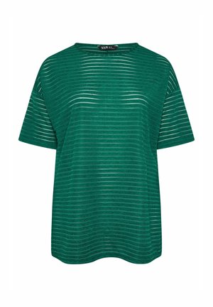 Vihreä lyhythihainen paita, jossa on vaakasuorat raidat, pyöreä pääntie ja rento malli. Valmistettu teksturoidusta, kevyestä materiaalista.