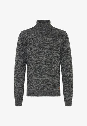 Suéter de cuello alto de punto jaspeado en gris oscuro y negro, con mangas largas y puños y dobladillo acanalados.