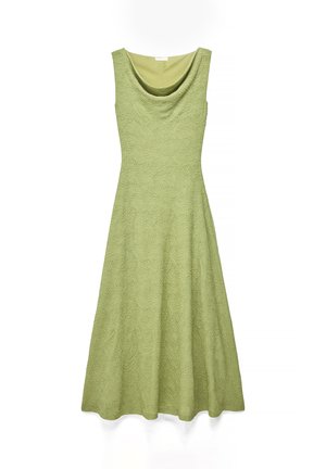 Hihaton vaaleanvihreä mekko, jossa teksturoitu kukkakuvio, vartalonmyötäinen yläosa, laskostettu kaarokaula-aukko ja levenevä midihelma.