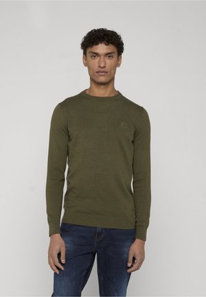 Mand med kort krøllet hår iført en olivengrøn rundhalset sweater og blå jeans, stående mod en ensartet lys baggrund.