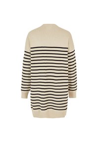 Beiger Pullover mit schwarzen horizontalen Streifen, langen Ärmeln, rundem Ausschnitt sowie gerippten Bündchen und Saum. Weiches Strickmaterial, lässige Passform.