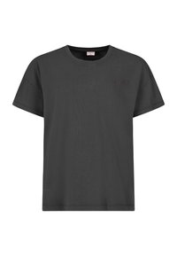 Zwarte katoenen T-shirt, ronde hals, korte mouwen. Kenmerkt zich door een klein geborduurd ontwerp in paars op de borst. Rechte snit, zachte textuur.