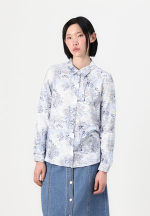 Long-sleeve button-up shirt in light blue and white with a floral and landscape print. Soft fabric with a classic collar and relaxed fit.