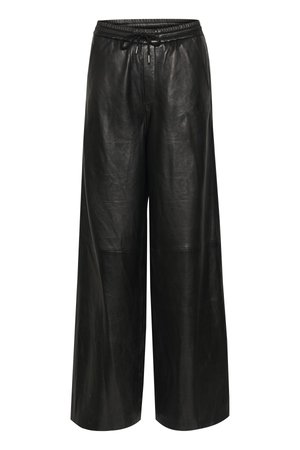 Black leather wide-leg pants with an elastic waistband and drawstring. Smooth texture with minimal seams and a relaxed fit design.