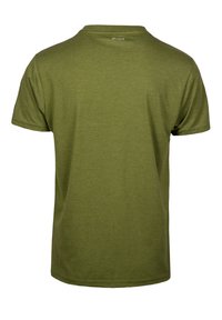 Olijfgroene t-shirt met korte mouwen, zachte stof, ronde hals, recht gesneden, met een klein logo op de achterkant van de halslijn en zonder zichtbare patronen.