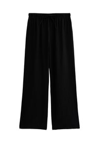 Zwarte wijde broek van textuurstof, met een elastische tailleband en een trekkoord voor een verstelbare pasvorm.